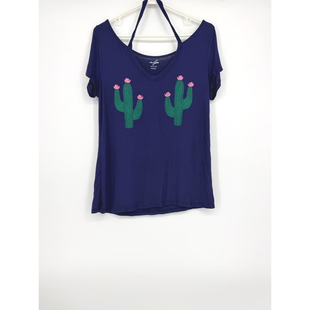Alya Blue Cactus Graphic V-Neck Short Sleeve Strappy Tee Medium